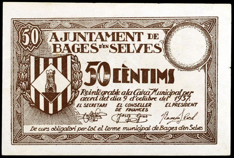 Bages d'en Selves. 25, 50 céntimos y 1 peseta. (T. 330b, 331d y 332c). 3 billete...