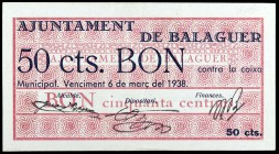 Balaguer. 10, 25, 50 céntimos (tres) y 1 peseta. (T. 340, 340 var y 341 a 344). 6 billetes, una serie completa, los de 50 céntimos de la primera emisi...