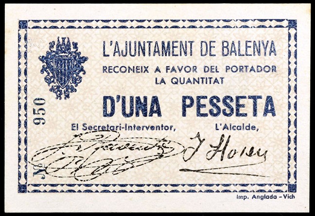 Balenyà. 50 céntimos y 1 peseta. (T. 345a y 346a). 2 billetes, todos los de la l...