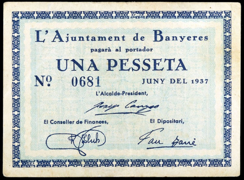 Banyeres. 25 céntimos y 1 peseta (dos). (T. 353 (dos) y 354). 3 billetes, todos ...
