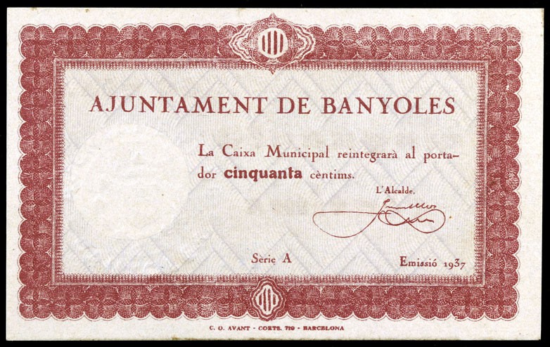 Banyoles. 25 (dos), 50 céntimos (tres) y 1 peseta (dos). (T. 354, 356, 356a, 356...