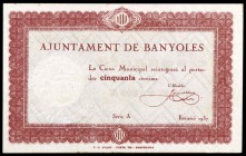 Banyoles. 25 (dos), 50 céntimos (tres) y 1 peseta (dos). (T. 354, 356, 356a, 356b, 357b, 358 y 358a). 7 billetes, todos los de la localidad incluyendo...