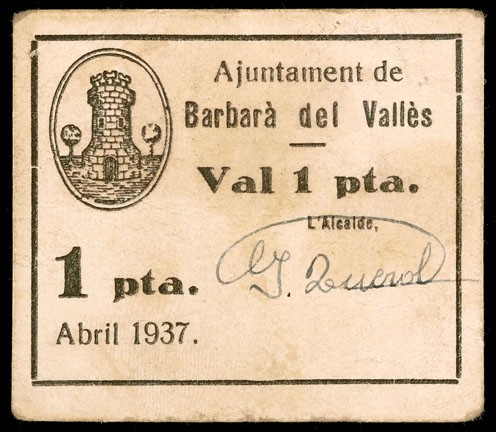 Barberà del Vallès. 1 peseta. (T. 369). Cartón. Raro. MBC-.