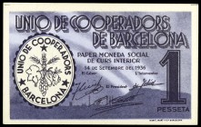Barcelona. Unió de cooperadors. 5, 10, 25, 50 céntimos, 1 y 5 pesetas (dos). 7 billetes. MBC+/EBC.