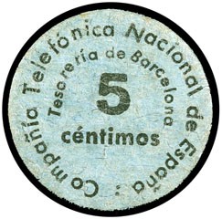 Barcelona. Compañía Telefónica Nacional de España. Tesorería. 5 céntimos. (AL. 1...