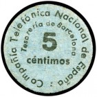 Barcelona. Compañía Telefónica Nacional de España. Tesorería. 5 céntimos. (AL. 1309 var). Cartón. Coincidente. EBC-.