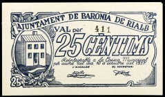 Baronia de Rialb. 10, 25 céntimos y 1 peseta. (T. 377, 378 y 379a). 3 billetes, serie completa. Escasos así. MBC+/EBC.