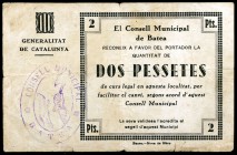 Batea. 50 céntimos (dos) y 2 pesetas. (T. 380, 382 y 385). 2 billetes y 1 cartón. Muy raros. BC-/MBC-.