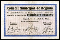 Begudà. 50 céntimos y 1 peseta. (T. 401 y 402). 2 billetes, una serie completa. MBC/MBC+.