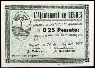 Begues. 25 (dos), 50 céntimos (dos) y 1 peseta. (T. 408, 409, 411, 412a var y 413b var). 5 billetes, una serie completa. MBC/EBC.