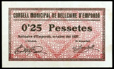 Bellcaire d'Empordà. 25 céntimos y 1 peseta (dos). (T. 432a, 432b y 433). 3 billetes, una serie completa. MBC+/EBC.
