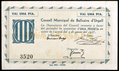 Bellcaire d'Urgell. 50 céntimos (dos) y 1 peseta (dos). (T. 437a, 438a (dos) y 439). 4 billetes, una serie completa. Raros. MBC/MBC+.
