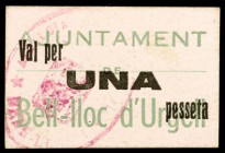 Bell-lloc d'Urgell. 50 céntimos y 1 peseta. (T. 444 y 445e var). 2 cartones, serie completa, el de 50 céntimos con la numeración también en violeta. R...