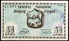 Bellpuig d'Urgell. 10, 15, 50 céntimos y 1 peseta. (T. 452b, 453, 454 y 455). 2 billetes y 2 cartones, dos series completas. Conjunto raro. MBC/EBC-.