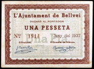 Bellvei del Penedés. 25 (dos), 50 céntimos y 1 peseta. (T. 460, 462, 463 y 463a). 4 billetes, todos los de la localidad. Conjunto raro. MBC/MBC+.