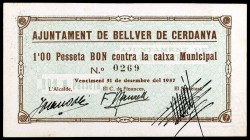 Bellver de Cerdanya. 25 (dos), 50 céntimos y 1 peseta (dos). (T. 466 a 470). 5 billetes, dos series completas. Conjunto raro. MBC+/EBC.