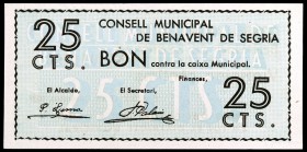 Benavent de Segrià. 25, 50 céntimos y 1 peseta. (T. 480 a 482). 3 billetes, serie completa, el de peseta con numeración 000000. Muy raros y más así. E...