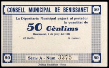 Benissanet. 25 (dos), 50 céntimos (dos) y 1 peseta. (T. 493c y 494 a 497). 5 billetes, una serie completa. Conjunto raro. MBC-/EBC.