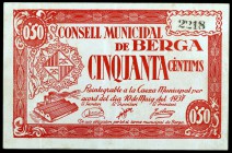 Berga. 50 céntimos (dos) y 1 peseta. (T. 498, 499a y 501). 3 billetes, una serie completa. MBC/MBC+.