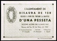 Bisaura de Ter. 25, 50 céntimos y 1 peseta. (T. 519 a 521). 3 billetes, todos los de la localidad. MBC-/EBC-.