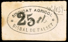 Bisbal de Falset, la. Sindicat Agrícol. 25 céntimos. (T. 527). Cartón. Manchitas. Rarísimo. (MBC+).