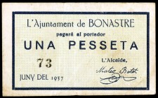 Bonastre. 25 céntimos y 1 peseta. (T. 566 y 567). 2 billetes, serie completa. Nº 12 y 73. Raros. MBC-/MBC.