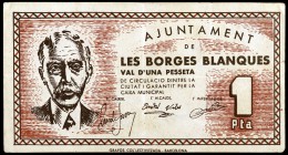 Borges Blanques, les. 50 céntimos y 1 peseta. (T. 582 y 583). 1 billete y 1 cartón. MBC/EBC.