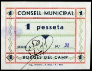 Borges del Camp, les. 25, 50 céntimos (dos) y 1 peseta (dos). (T. 584b, 586, 587, 587 var y 588). 5 billetes, una serie completa, la peseta de la prim...