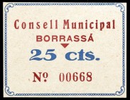 Borrassà. 5, 15 y 25 céntimos. (T. 589 a 591). 3 cartones, todos los de la localidad. Raros. EBC-/EBC+.