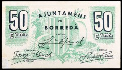 Borredà. 50 céntimos (dos) y 1 peseta. (T. 592a, 593 y 593c). 3 billetes, todos los de la localidad. MBC-/MBC+.