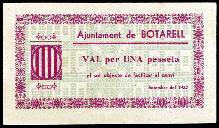 Botarell. 25, 50 céntimos y 1 peseta. (T. 609, 610a y 611). 3 billetes, serie co...