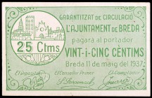 Breda. 25, 50 céntimos (dos) y 1 peseta. (T. 624 a 627). 4 billetes, una serie completa. Escasos así. EBC-/EBC+.