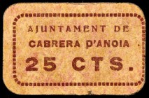 Cabrera d'Anoia. 25, 50 céntimos y 1 peseta. (T. 653, 654a y 655). 3 cartones, serie completa. Nº 198, 232 y 266. Raros. MBC-/MBC+.
