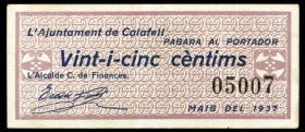 Calafell. 25 céntimos y 1 peseta. (T. 686 y 687a). 2 billetes, todos los de la localidad. BC+/MBC.