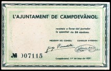 Campdevànol. 50 céntimos y 1 peseta. (T. 715 y 726). 2 billetes, todos los de la localidad. Escasos así. EBC/EBC+.