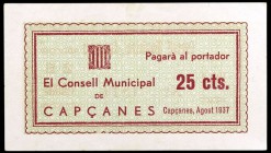 Capçanes. 25 céntimos y 1 peseta. (T. 761 y 764). 2 billetes. Raros. EBC-/EBC+.