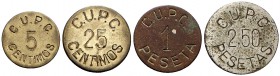 Cardona. Comité Unificat Partits. 5, 25 céntimos, 1 y 2,50 pesetas. (T. 785 a 787 y 789). 4 monedas. Muy raras. MBC-/MBC+.