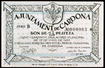 Cardona. 15, 25, 50 céntimos (tres) y 1 peseta (tres). (T. 791, 792 (dos), 793 y 795 a 798). 8 billetes, dos series completas. MBC/EBC+.