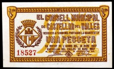 Castellar del Vallés. 10, 25 céntimos (dos) y 1 peseta. (T. 808, 809 (dos) y 810). 1 billete y 3 cartones - cuero, estos raros. MBC+/EBC.