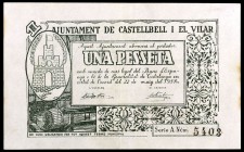 Castellbell i el Vilar. 10, 25 (dos), 50 (dos) céntimos y 1 peseta (dos). (T. 814 a 820). 6 billetes y 1 cartón. Conjunto escaso. MBC/EBC.