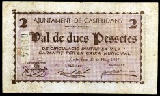 Castelldans. 50 céntimos (dos), 1 y 2 pesetas. (T. 830 a 832 y 837). 4 billetes. Raros. MBC/MBC+.