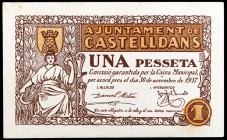 Castelldans. 25 céntimos y 1 peseta. (T. 836 y 838). 2 billetes. Raros. MBC-/EBC-.