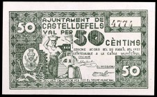 Castelldefels. 50 céntimos y 1 peseta (dos). (T. 839 var, 839c y 840c). 3 billetes, todos los de la localidad. MBC/EBC.