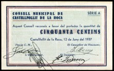 Castellfollit de la Roca. 50 céntimos y 1 peseta. (T. 847 y 848). 2 billetes, todos los de la localidad. MBC+.