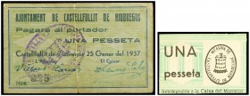 Castellfollit de Riubregós. 1 peseta. (T. 851 y 852). 2 billetes, uno en celuloide y otro en cartón, todos los de la localidad. Muy raros. MBC-/MBC+....
