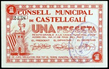 Castellgalí. 5, 50 céntimos y 1 peseta (tres). (T. 853, 853c (dos), 854b y 856a). 4 billetes y 1 cartón, este muy raro. MBC+/EBC+.