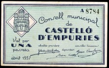 Castelló d'Empúries. 5, 50 céntimos (dos) y 1 peseta. (T. 869a, 870b y 871d). 4 billetes, todos los de la localidad, los de 50 céntimos pareja correla...