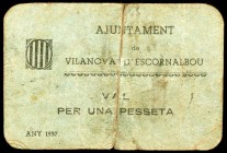 Vilanova d'Escornalbou. 1 peseta. (T. 3300). Cartón, roto y pegado en la época. Raro. BC.