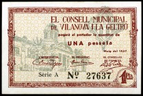Vilanova y la Geltrú. 25 céntimos y 1 peseta (cuatro). (T. 3310, 3311 (dos) 3311 var y 3312). 5 billetes, todos los de la localidad, uno de 1 peseta d...