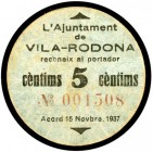 Vila-Rodona. 5, 10, 25 céntimos y 1 peseta. (T. 3318 y 3320 a 3322). 2 billetes y 2 cartones, una serie completa. MBC+/EBC.